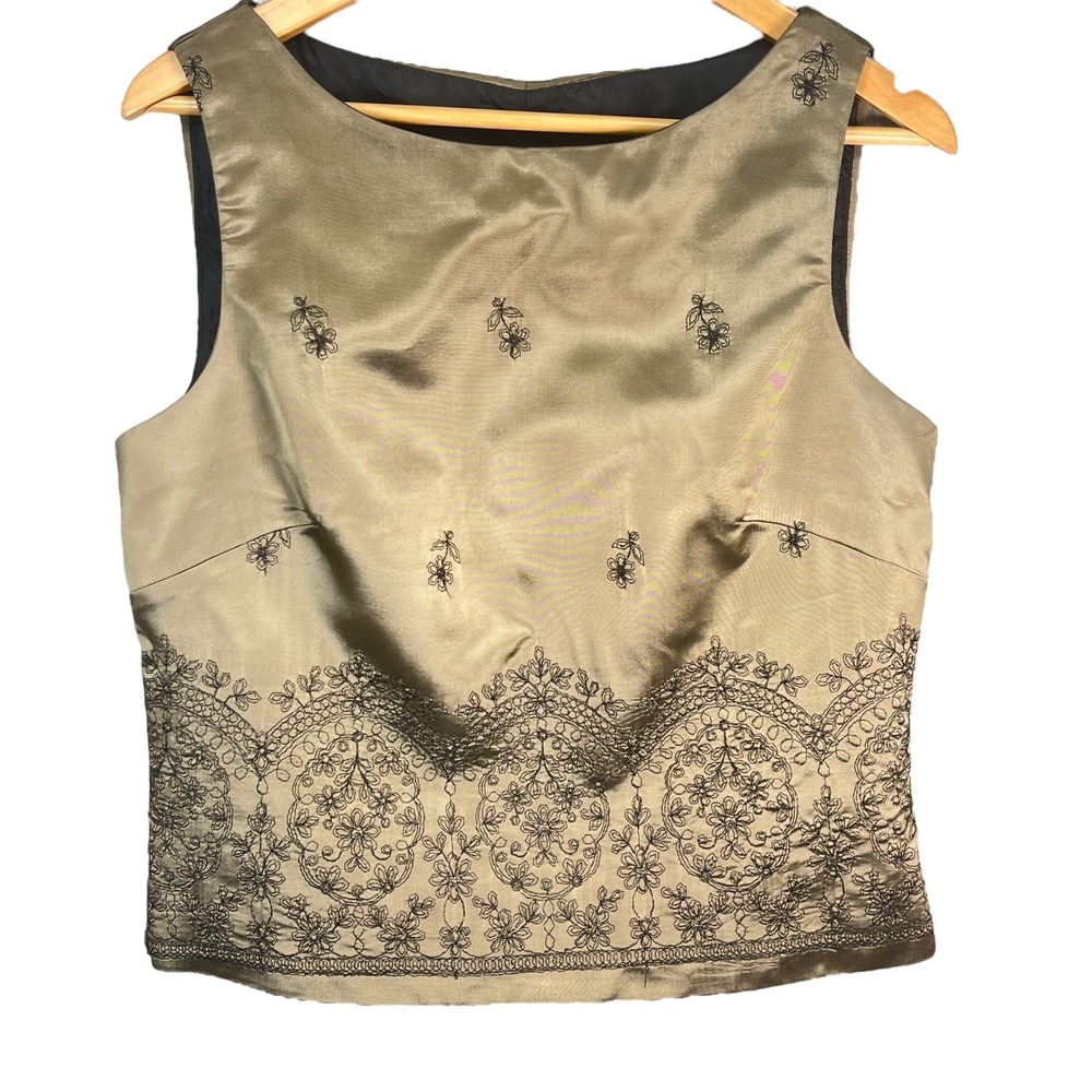 J.R. Nites Womens Olive‎ Satin Shimmer Embroidered Goth Glam Evening Top Size 12